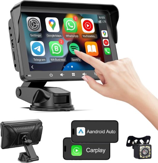 7" HD Double Din Car Stereo, Portable Wireless Apple Carplay & Android Auto with Backup Camera, IPS Touch Screen Stereo with Bluetooth, Multimedia Player, Car Audio with Mirror Link/AUX/FM